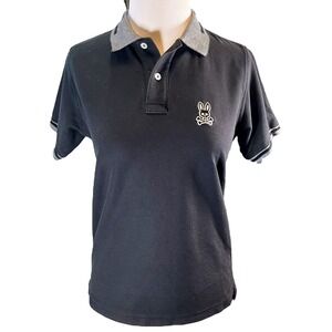 Psycho‎ Bunny Pima Cotton Polo Shirt Skull Bunny Logo Black Gray Trim Small